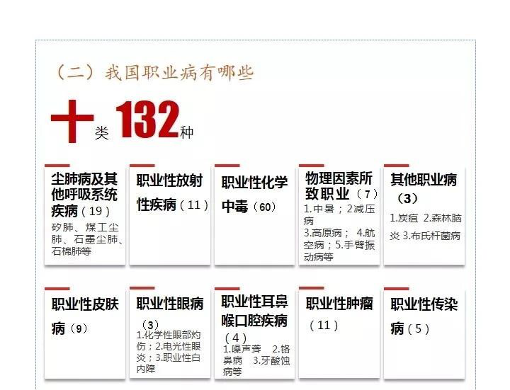 病分类和目录(国卫疾控发〔2013〕48号)中共列出了10类132种职业病